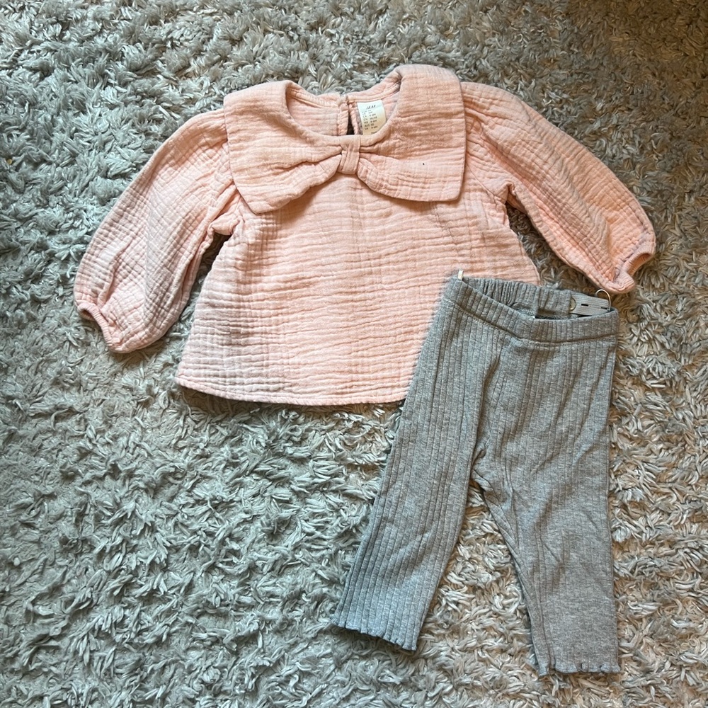 Pink Textured Top and Gray Pants Set